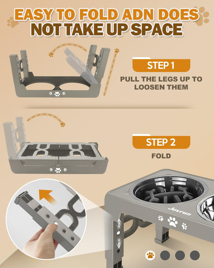 Jovrun Elevated Dog Bowls for Medium Large Size Dogs, Non-Slip Dog Feeder with 1*Stainless Steel Dishes & 1*Slow Feeder Bowl, 5 Heights Adjustable Raised Bowls to 3.15″-8.66″-9.84″-11.02″-12.2″
