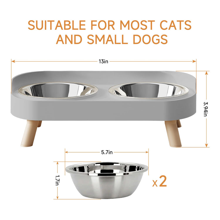 Elevated Cat Bowl, Raised Cat Food and Water Bowl Set for Indoor Cats, Splash Proof with 2 Stainless Steel Pet Food Bowls for Cats and Puppies, Whisker Fatigue and Dishwasher Safe - White