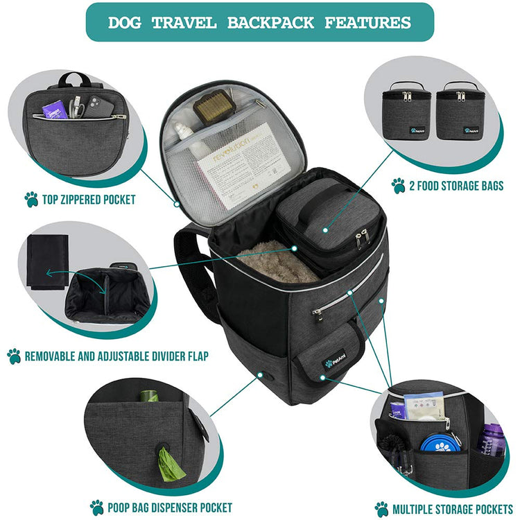 PetAmi Dog Travel Bag Backpack, Airline Approved Dog Bags for Traveling, Puppy Diaper Bag Supplies, Pet Camping Essentials Hiking Accessories Dog Mom Gift, Food Container, Collapsible Bowls, Gray