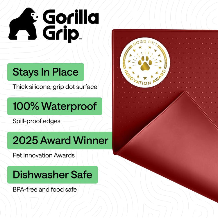 GORILLA GRIP 100% Waterproof Raised Edge BPA Free Silicone Pet Feeding Mat, Dog Cat Food Mats Contain Spills Protects Floors, Placemats for Cats and Dogs Water Bowl, 18.5x11.5, Gray