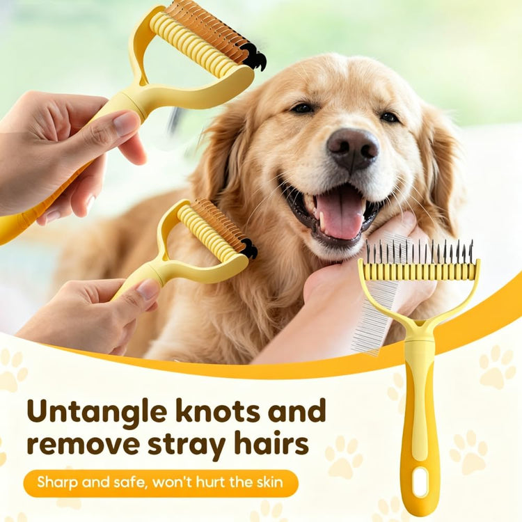 Double Sided Dematting Comb for Cats and Dogs, 2-in-1 Deshedding and Detangling Rake, Undercoat Matt Remover for Long Thick Hair, Pet Grooming Brush, Lint Remover (white)