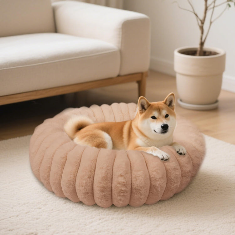 Donut Dog and Cat Bed, Luxurious Comfortable Faux Rabbit Fur Pet Beds, Round Anti-Anxiety Calming Puppy Kitten Bed with Anti-Slip Bottom for Small Medium Dogs & Cats(28", White)