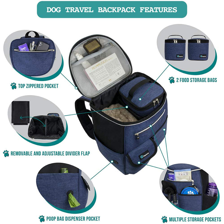 PetAmi Dog Travel Bag Backpack, Airline Approved Dog Bags for Traveling, Puppy Diaper Bag Supplies, Pet Camping Essentials Hiking Accessories Dog Mom Gift, Food Container, Collapsible Bowls, Gray