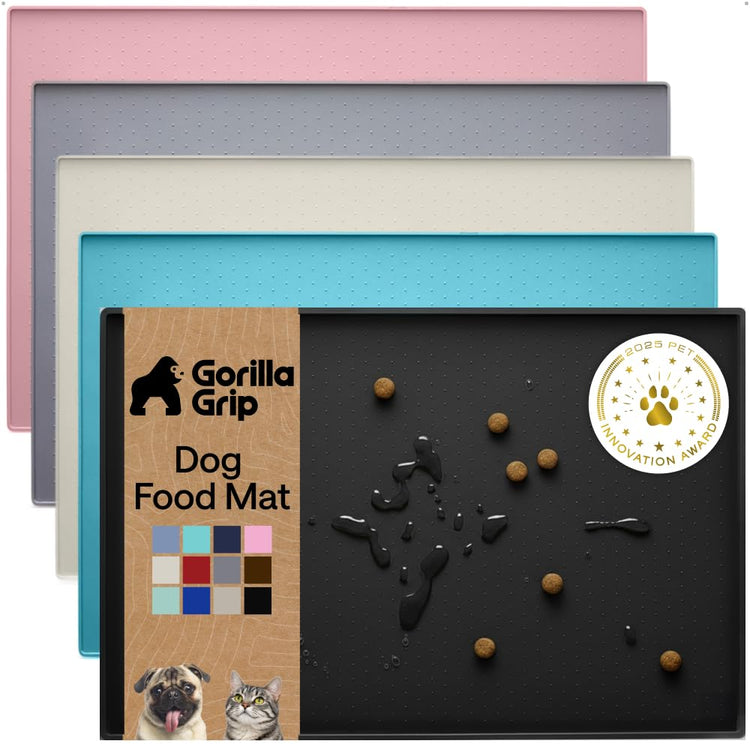 GORILLA GRIP 100% Waterproof Raised Edge BPA Free Silicone Pet Feeding Mat, Dog Cat Food Mats Contain Spills Protects Floors, Placemats for Cats and Dogs Water Bowl, 18.5x11.5, Gray