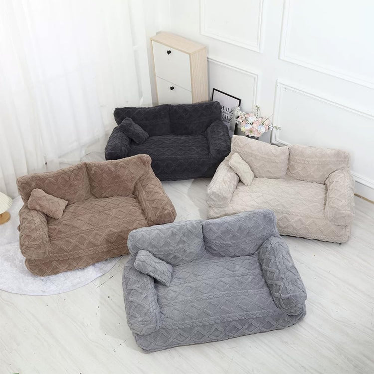 Plush Calming Pet Sofa Bed, 6 Sizes Large Fluffy Dog Cat Couch Beds Plush for Indoor, Raised Rim, Removable Cover & Non-Slip Bottom for Cats and Dogs of Any Size (Dark Grey, Small)