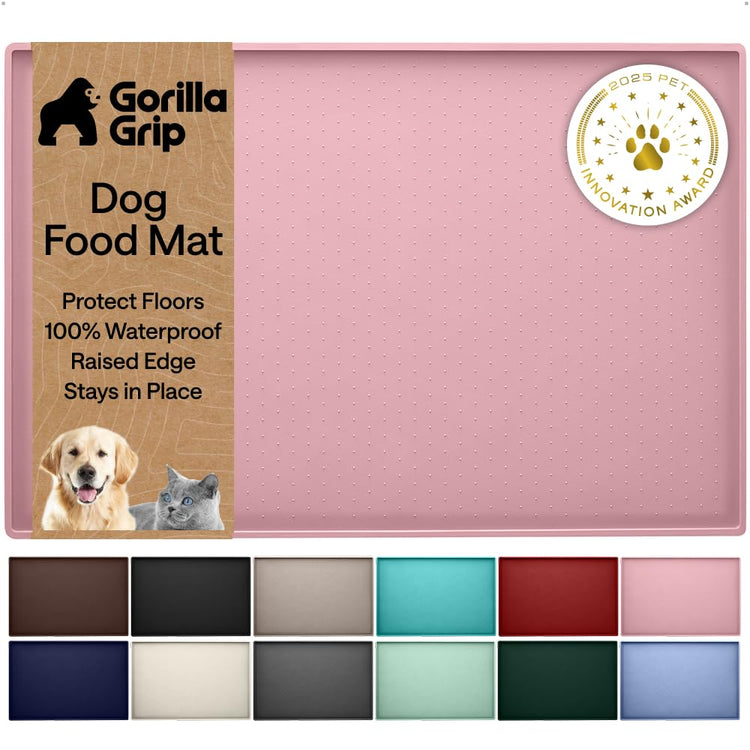 GORILLA GRIP 100% Waterproof Raised Edge BPA Free Silicone Pet Feeding Mat, Dog Cat Food Mats Contain Spills Protects Floors, Placemats for Cats and Dogs Water Bowl, 18.5x11.5, Gray