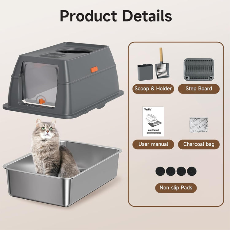 Extra Large Stainless Steel Litter Box with Lid, High Sided Enclosed Metal Cat Litter Pan, Dog Proof Front Entry Top Exit, Odor Control Easy Clean Leak Proof, Includes Scoop & Step, Black