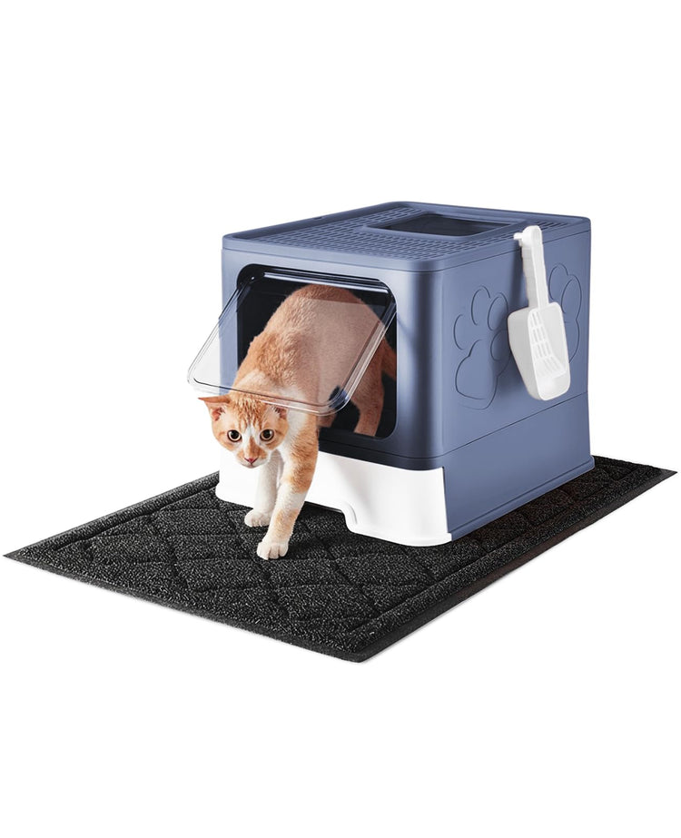 Medario Cat Litter Box with Litter Mat and Scoop, Large Covered Litter Box with Lid, Enclosed Kitty Box, Front Entry Top Exit, Odor Control, Easy to Clean (Grey)