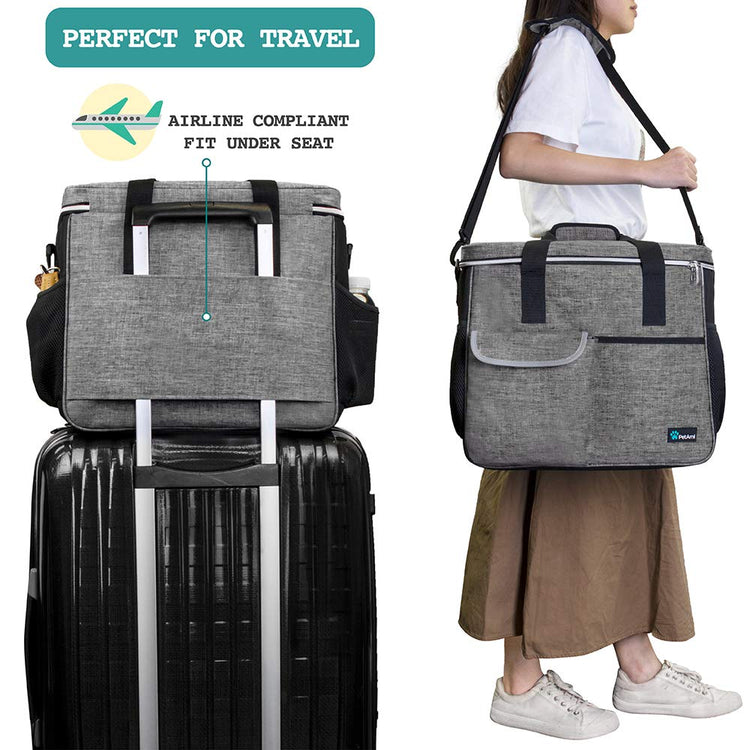PetAmi Dog Travel Bag Organizer, Pet Travel Kit with 2 Food Containers & 2 Collapsible Dog Bowls, Pet Supplies Tote with Luggage Sleeve, Weekend Road Trip Camping Essentials, Dark Gray, Medium