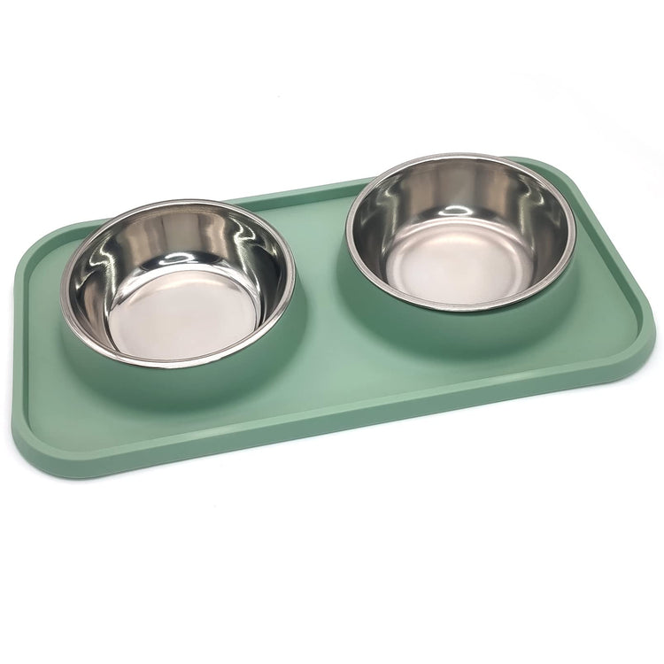 BNOSDM Double Dog Food Bowls Stainless Steel Dog Food and Water Bowls with Non-Spill Plastic Mat Pet Cat Feeder Bowl Set for Puppy Cats Kitten Small Medium Dogs Pink