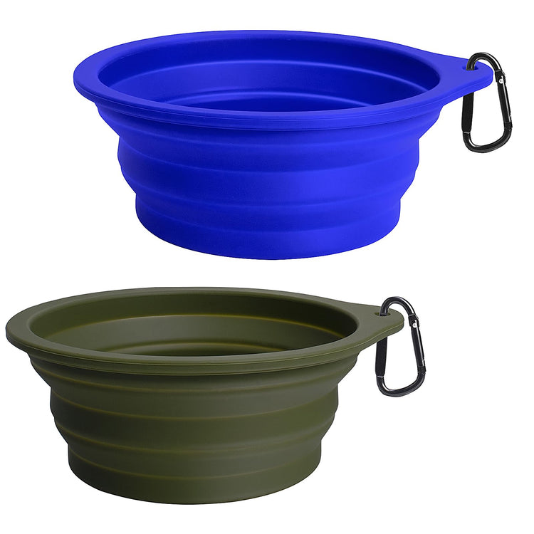 PetBonus 2-Pack Silicone Collapsible Dog Bowls, BPA Free Dishwasher Safe, Portable Foldable Expandable Travel Bowl, Food Water Feeding Cup Dish for Dogs Cats with 2 Carabiners (Turquoise, Tan)