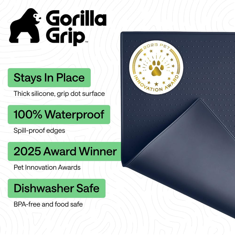 GORILLA GRIP 100% Waterproof Raised Edge BPA Free Silicone Pet Feeding Mat, Dog Cat Food Mats Contain Spills Protects Floors, Placemats for Cats and Dogs Water Bowl, 18.5x11.5, Gray
