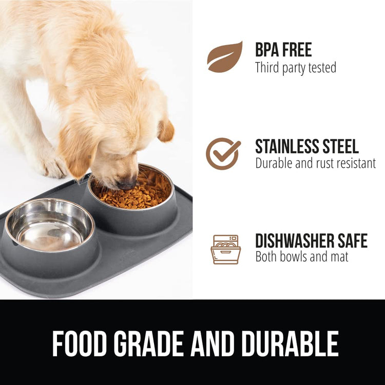 GORILLA GRIP Feeding Mat Set, Patent Pending 100% Waterproof BPA Free Silicone, Stainless Steel Cat and Dog Bowls, Slip Resistant, 1 Black mat/tray with 2 stainless steel bowls