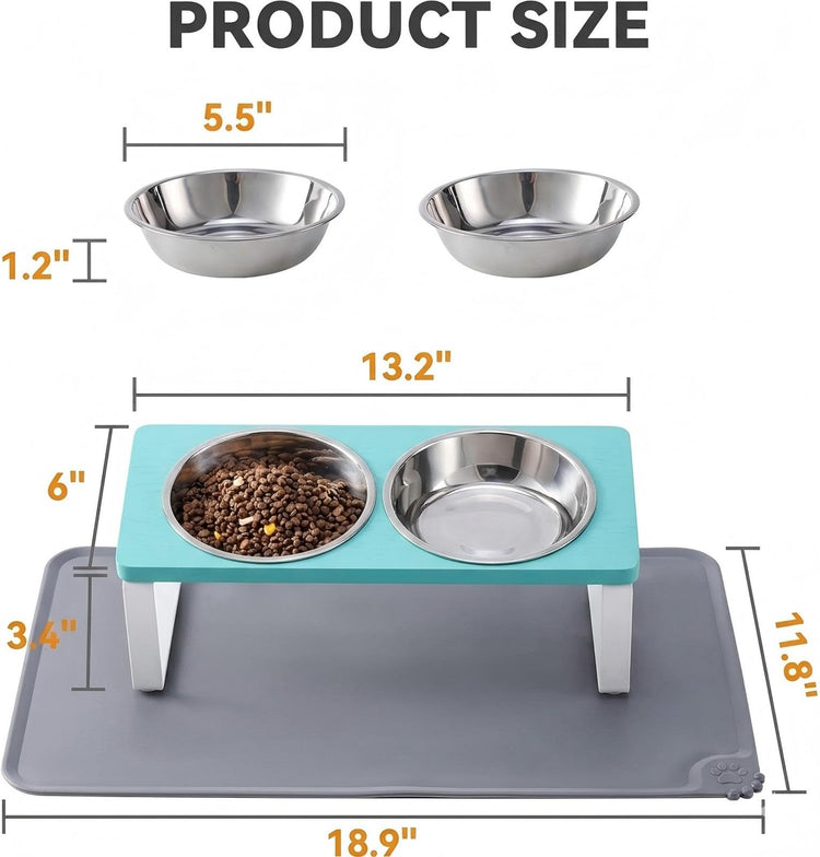 Upgraded Elevated Cat Bowls with Food Mat,15°Tilted Stand Anti Vomiting Raised Cat Dishes for Food and Water,2 Stainless Steel Bowls for Cats and Puppy
