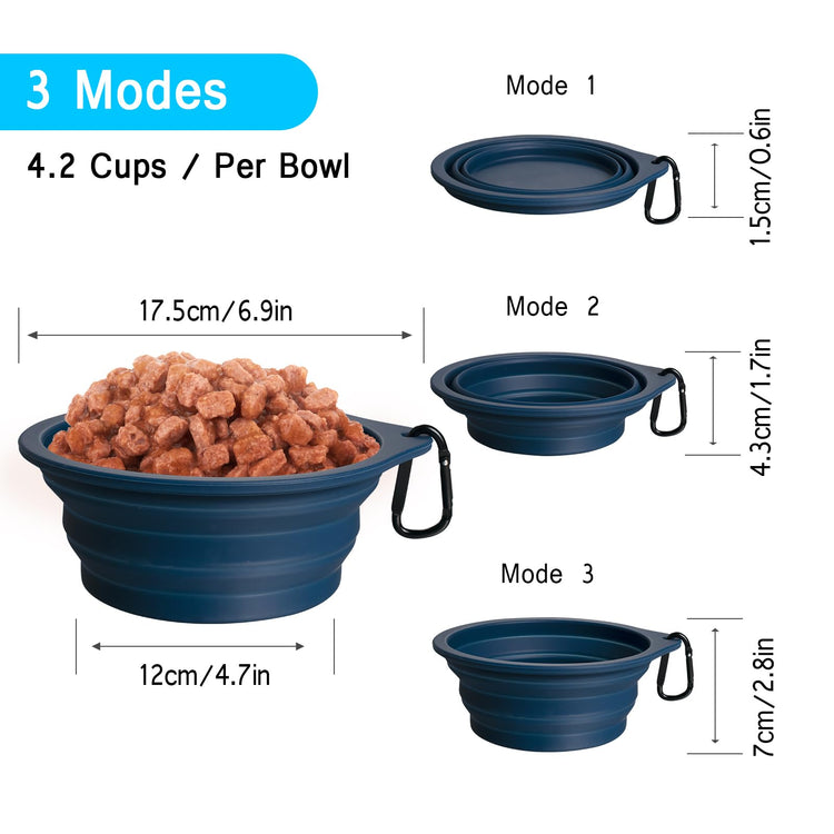 PetBonus 2-Pack Silicone Collapsible Dog Bowls, BPA Free Dishwasher Safe, Portable Foldable Expandable Travel Bowl, Food Water Feeding Cup Dish for Dogs Cats with 2 Carabiners (Turquoise, Tan)