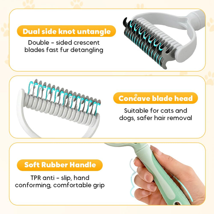 Double Sided Dematting Comb for Cats and Dogs, 2-in-1 Deshedding and Detangling Rake, Undercoat Matt Remover for Long Thick Hair, Pet Grooming Brush, Lint Remover (white)