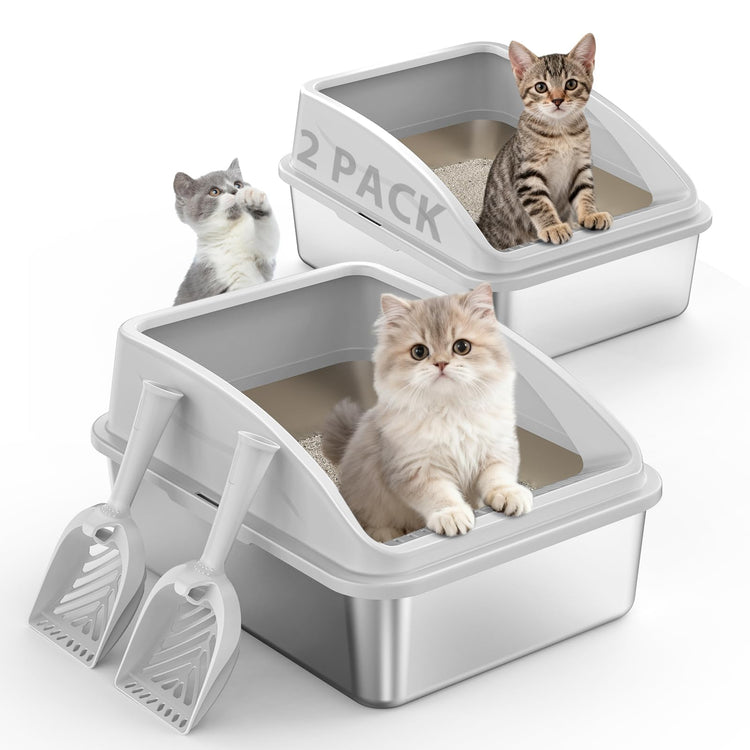 2 Pack Stainless Steel Litter Box for Kitty | Metal Kitty Litter Box with Lid High Sided for Small Cats or Injured Cats, Bunny Litter Boxes, Low Entry, Odor-Free, Non-Stick,Includes Scoop