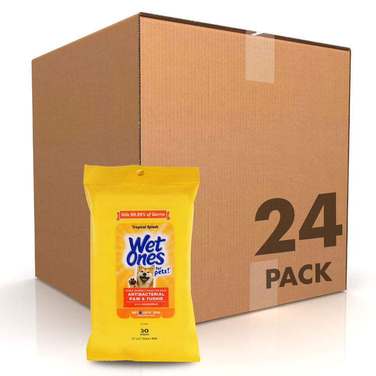 Wet Ones for Pets Paw and Tushie Dog Wipes with Chamomile, Tropical Splash Scent - Cleansing Grooming Wipes for Dog Paws and Butt Between Baths, Wet Lock Seal, 30 Count