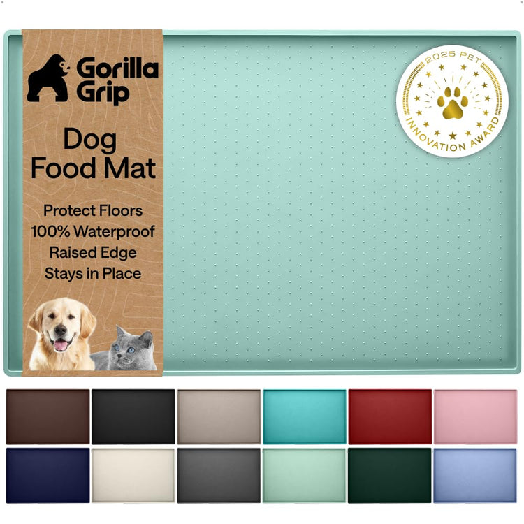 GORILLA GRIP 100% Waterproof Raised Edge BPA Free Silicone Pet Feeding Mat, Dog Cat Food Mats Contain Spills Protects Floors, Placemats for Cats and Dogs Water Bowl, 18.5x11.5, Gray