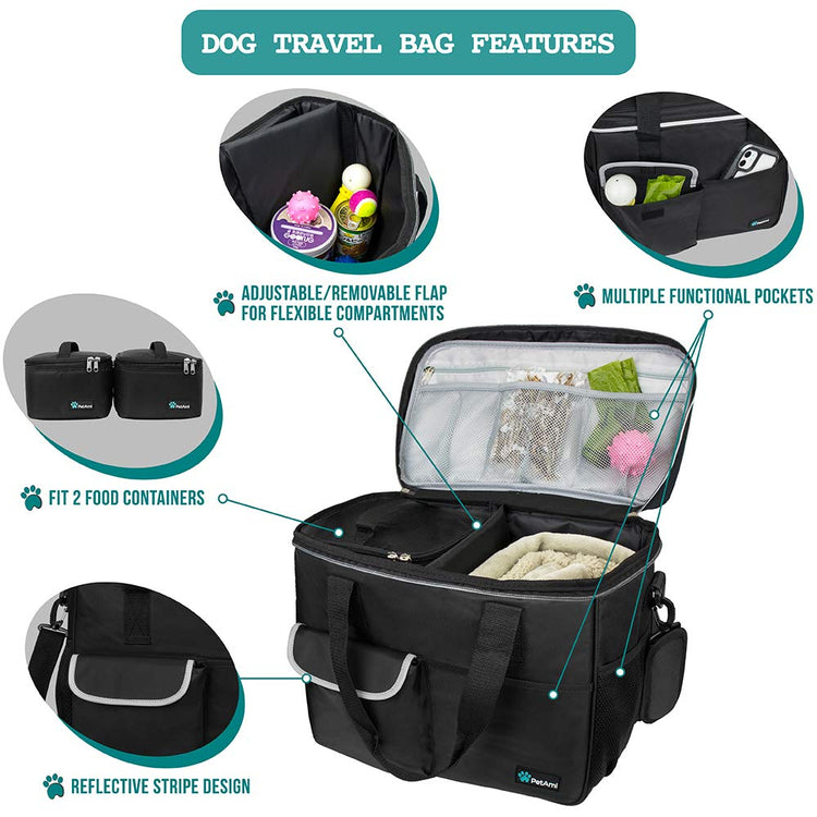 PetAmi Dog Travel Bag Organizer, Pet Travel Kit with 2 Food Containers & 2 Collapsible Dog Bowls, Pet Supplies Tote with Luggage Sleeve, Weekend Road Trip Camping Essentials, Dark Gray, Medium