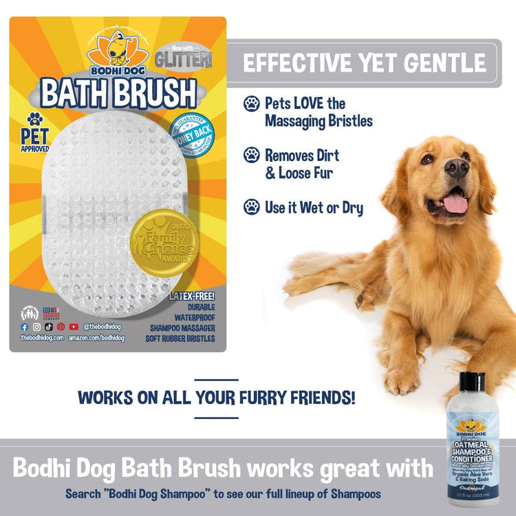 Bodhi Dog Shampoo Brush - Pet Grooming & Bath Supplies for Dogs and Cats - Bath Brush for Long & Short Hair - Premium Scrubber for Shower, Bathing & Massage (One Pack, Silver Glitter)