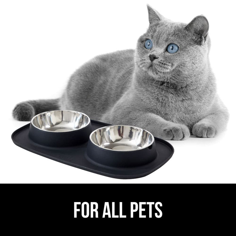 GORILLA GRIP Feeding Mat Set, Patent Pending 100% Waterproof BPA Free Silicone, Stainless Steel Cat and Dog Bowls, Slip Resistant, 1 Black mat/tray with 2 stainless steel bowls