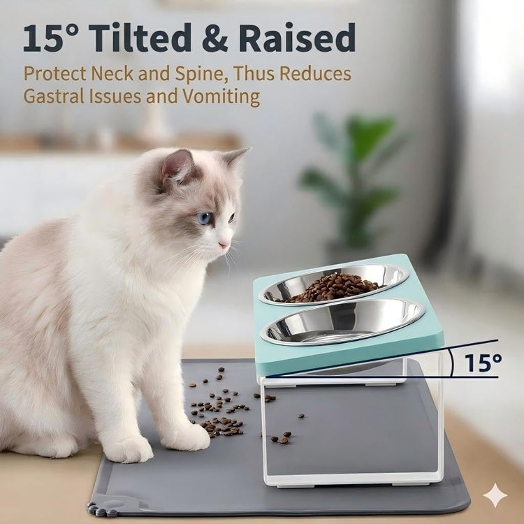 Upgraded Elevated Cat Bowls with Food Mat,15°Tilted Stand Anti Vomiting Raised Cat Dishes for Food and Water,2 Stainless Steel Bowls for Cats and Puppy