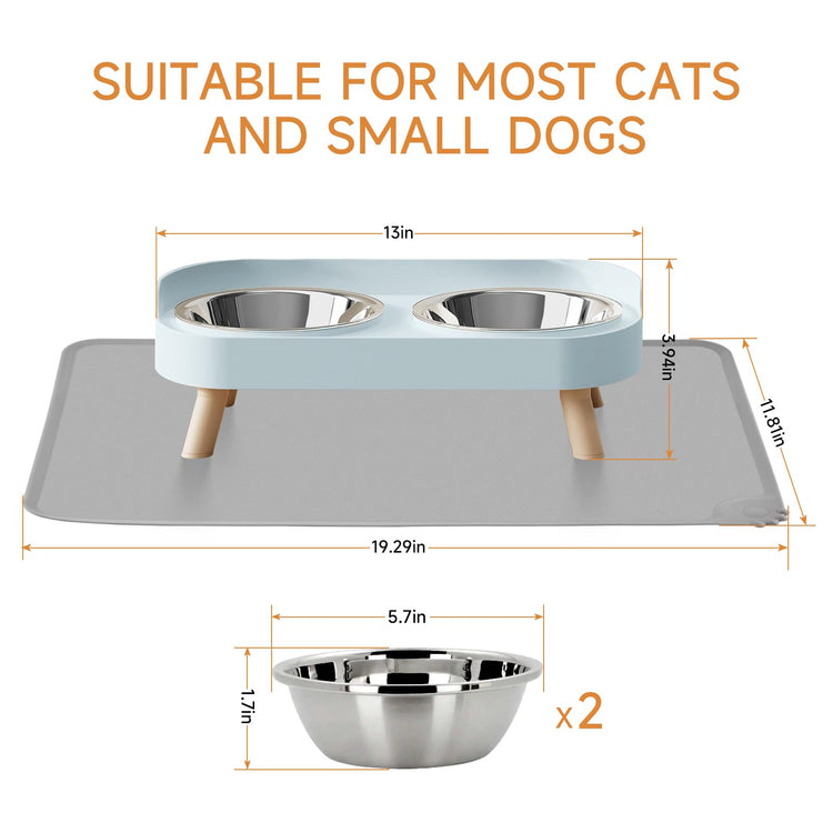 Elevated Cat Bowl, Raised Cat Food and Water Bowl Set for Indoor Cats, Splash Proof with 2 Stainless Steel Pet Food Bowls for Cats and Puppies, Whisker Fatigue and Dishwasher Safe - White
