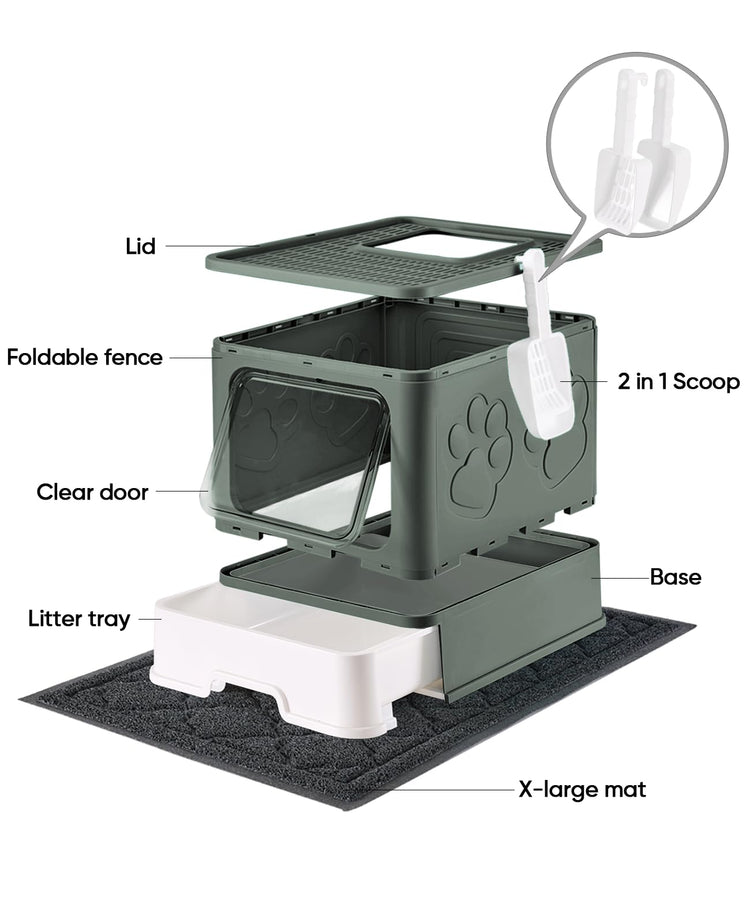 Medario Cat Litter Box with Litter Mat and Scoop, Large Covered Litter Box with Lid, Enclosed Kitty Box, Front Entry Top Exit, Odor Control, Easy to Clean (Grey)
