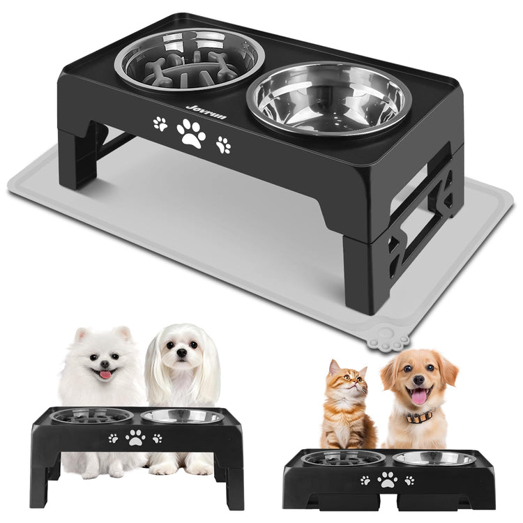 Jovrun Elevated Dog Bowls for Medium Large Size Dogs, Non-Slip Dog Feeder with 1*Stainless Steel Dishes & 1*Slow Feeder Bowl, 5 Heights Adjustable Raised Bowls to 3.15″-8.66″-9.84″-11.02″-12.2″