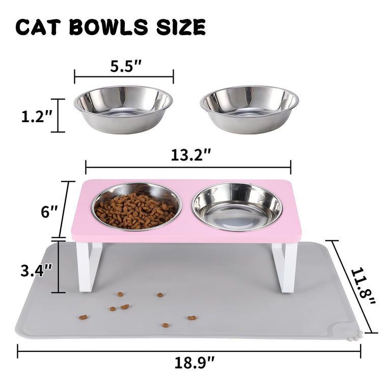 Upgraded Elevated Cat Bowls with Food Mat,15°Tilted Stand Anti Vomiting Raised Cat Dishes for Food and Water,2 Stainless Steel Bowls for Cats and Puppy