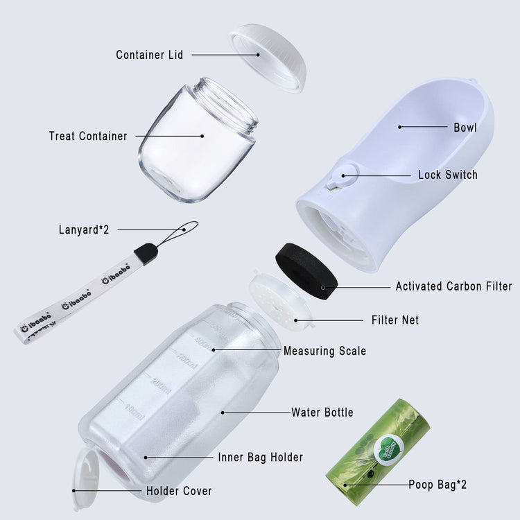 Cibaabo Dog Water Bottle with Food Container & Poop Bag Holder, Travel Water Bowl, Portable Pet Dispenser, Dog Gifts Stuff Accessories Items, Puppy Essentials for Yorkie Chihuahua Walking Hiking