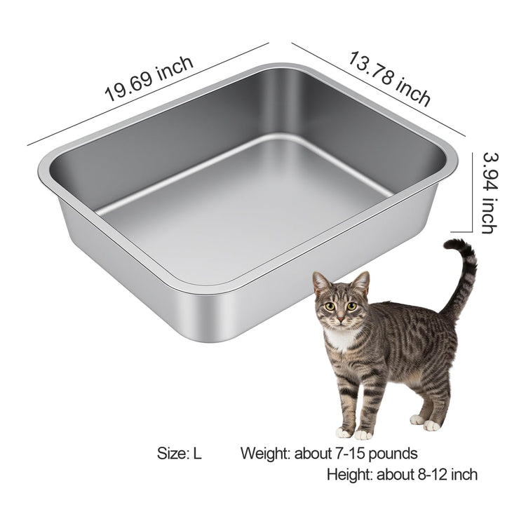 Stainless Steel Litter Box with High Sided, Metal Cat Litter Box, Odor-Free, Non-Stick Litterbox Pan, Easy to Clean Pet Supplies Toilet Tray for Indoor Cats, Kittens or Multicat Homes