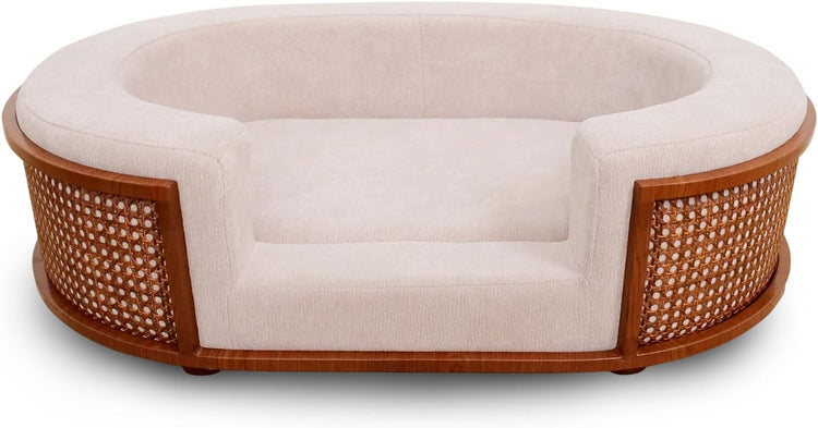 4 Cats & Dogs Gracie Rattan Bed for Small Pets, Walnut Wood Frame with Handwoven Rattan, Soft Removable Taupe Cushion, Small Pet Sofa Bed, Indoor Sofabed, Pet Furniture for Cats & Dogs - Taupe/Walnut