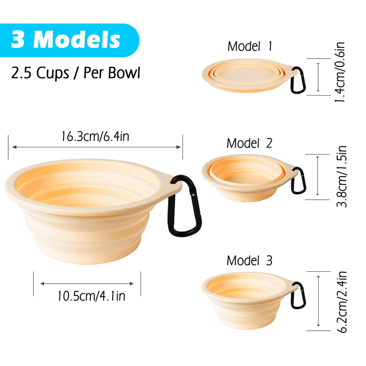PetBonus 2-Pack Silicone Collapsible Dog Bowls, BPA Free Dishwasher Safe, Portable Foldable Expandable Travel Bowl, Food Water Feeding Cup Dish for Dogs Cats with 2 Carabiners (Turquoise, Tan)
