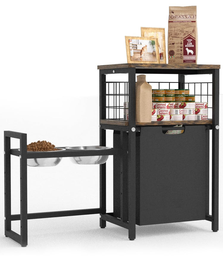 30.6Long x 26.2 High Elevated Dog Bowl Stand with Pet Food Storage Organizer, Adjustable Raised Feeding Station with Toy Basket for Large Medium Small Dogs and Cats, Black