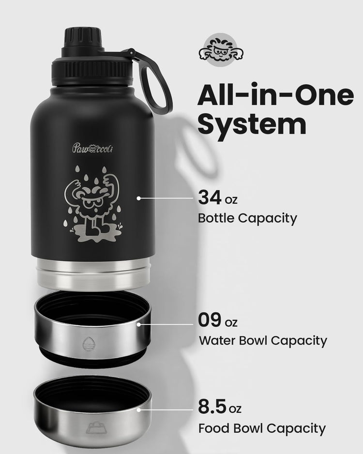 34oz Dog Water Bottle, Stainless Steel Dog Water Bottle Dispenser with Detachable Food & Water Bowls, Keeps Water Hot/Cold, for Walking, Hiking, Camping(Cream)