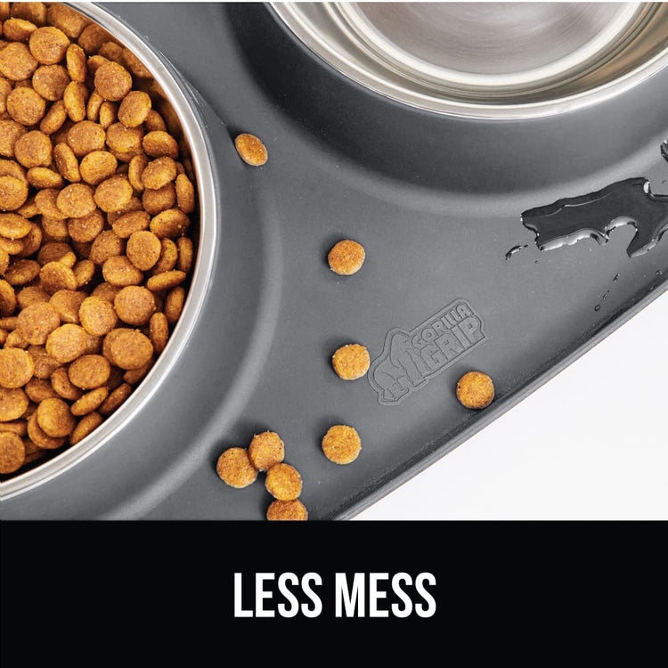 GORILLA GRIP Feeding Mat Set, Patent Pending 100% Waterproof BPA Free Silicone, Stainless Steel Cat and Dog Bowls, Slip Resistant, 1 Black mat/tray with 2 stainless steel bowls