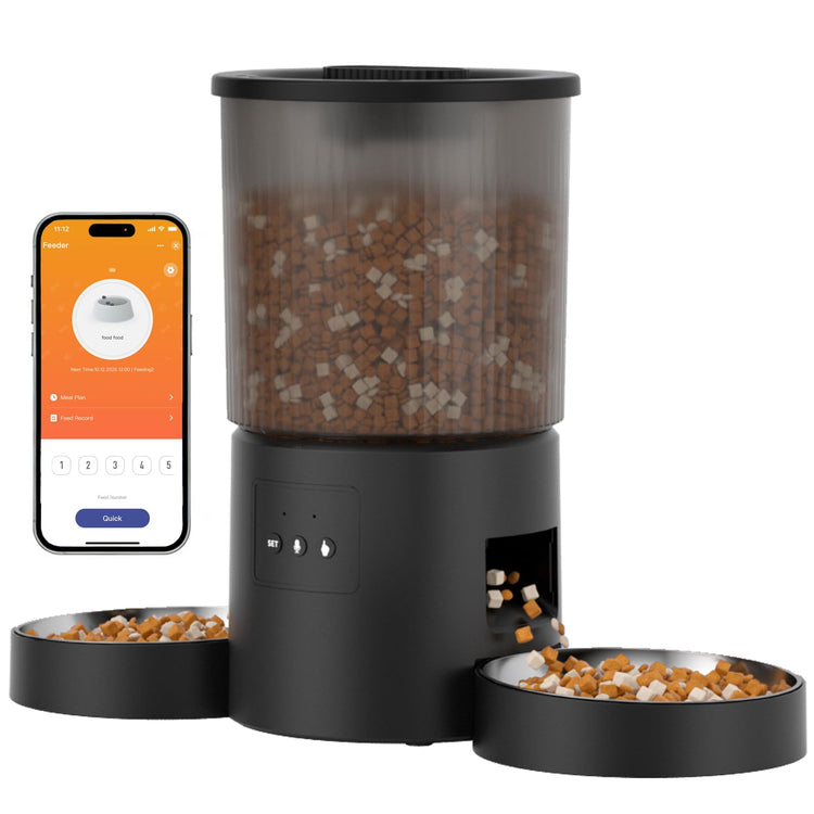 Automatic Cat Feeder, 2.4GHz WiFi Automatic Dog Food Dispenser, Fresh Protection, 4.5L Timer Feeder, Personalized Recording 10 Seconds, Easy to Clean, Stainless Steel Bowl (Double/Black)