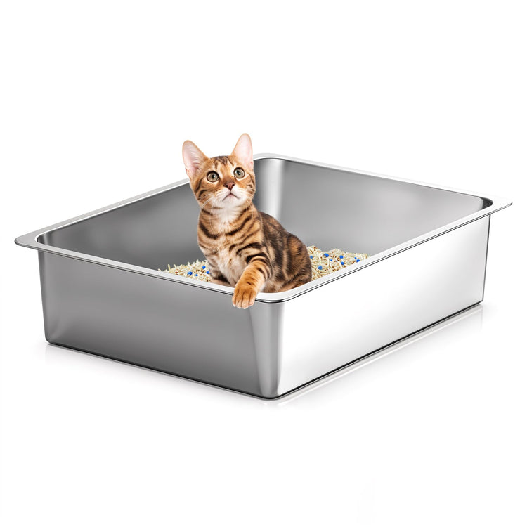 Kirecoo Stainless Steel Cat Litter Box - Metal High Sided Cat Pan, Large Stainless Steel Box, Indoor Litter Tray, Non Stick, No Smell, Easy to Clean, Pet Toilet Supplies for Kitten, Kitty, Rabbit