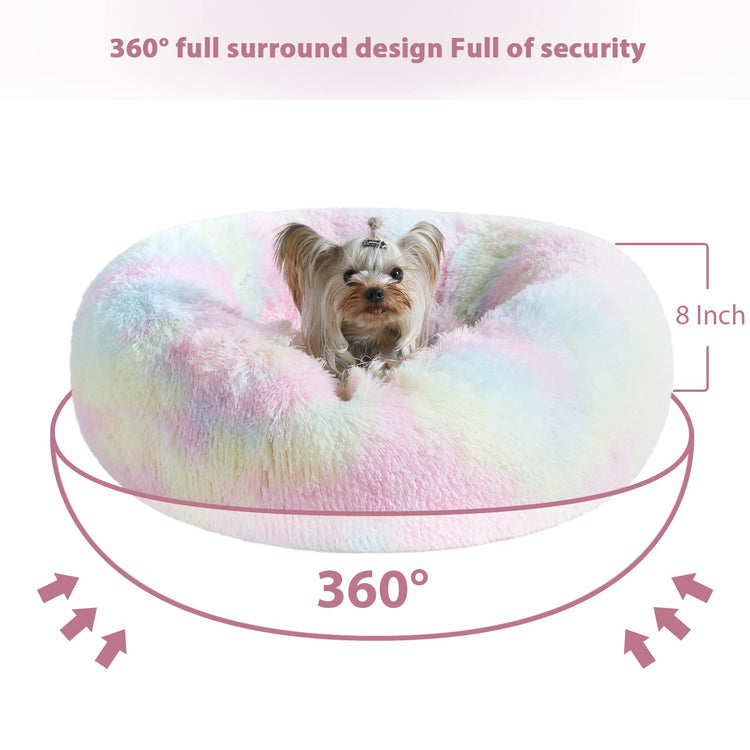 WNPETHOME Calming Dog Bed & Cat Bed, Anti-Anxiety Donut Small Dog Bed, Fluffy Faux Fur Cats Cushion Puppy Bed for Small Pets and Cats (24 x 24 inch, Light Coffee)