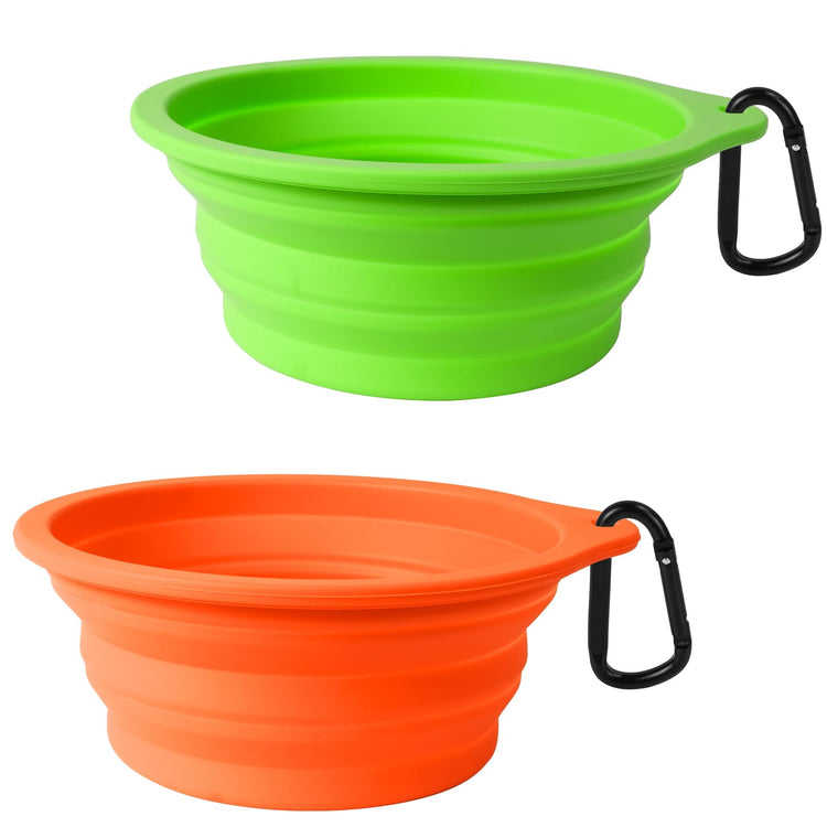 PetBonus 2-Pack Silicone Collapsible Dog Bowls, BPA Free Dishwasher Safe, Portable Foldable Expandable Travel Bowl, Food Water Feeding Cup Dish for Dogs Cats with 2 Carabiners (Turquoise, Tan)