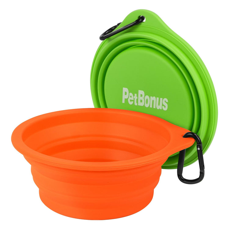 PetBonus 2-Pack Silicone Collapsible Dog Bowls, BPA Free Dishwasher Safe, Portable Foldable Expandable Travel Bowl, Food Water Feeding Cup Dish for Dogs Cats with 2 Carabiners (Turquoise, Tan)