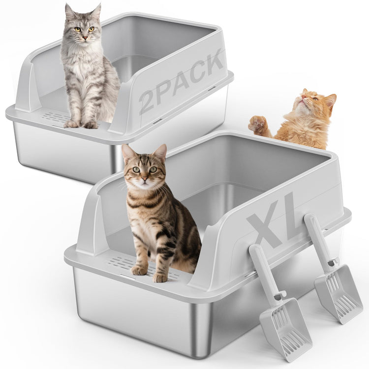 2PACK Stainless Steel Litter Box, Extra Large Litter Boxes for Big Cats, XL Metal Cat Litter Box with Lid High Sides, Anti-Urine Leakage, Non-Sticky, Scoop Included