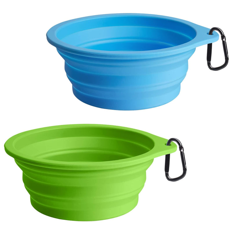 PetBonus 2-Pack Silicone Collapsible Dog Bowls, BPA Free Dishwasher Safe, Portable Foldable Expandable Travel Bowl, Food Water Feeding Cup Dish for Dogs Cats with 2 Carabiners (Turquoise, Tan)