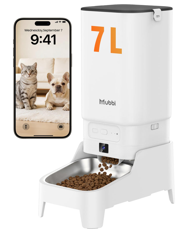 Automatic Dog Feeder with Elevated Stand - 7L Cat Food Dispenser with Large Food Tray, Timed Auto Cat Feeder for Dry Food, 6 Meals Per Day, No-Jam, Freshness Design, Detachable for Easy Clean