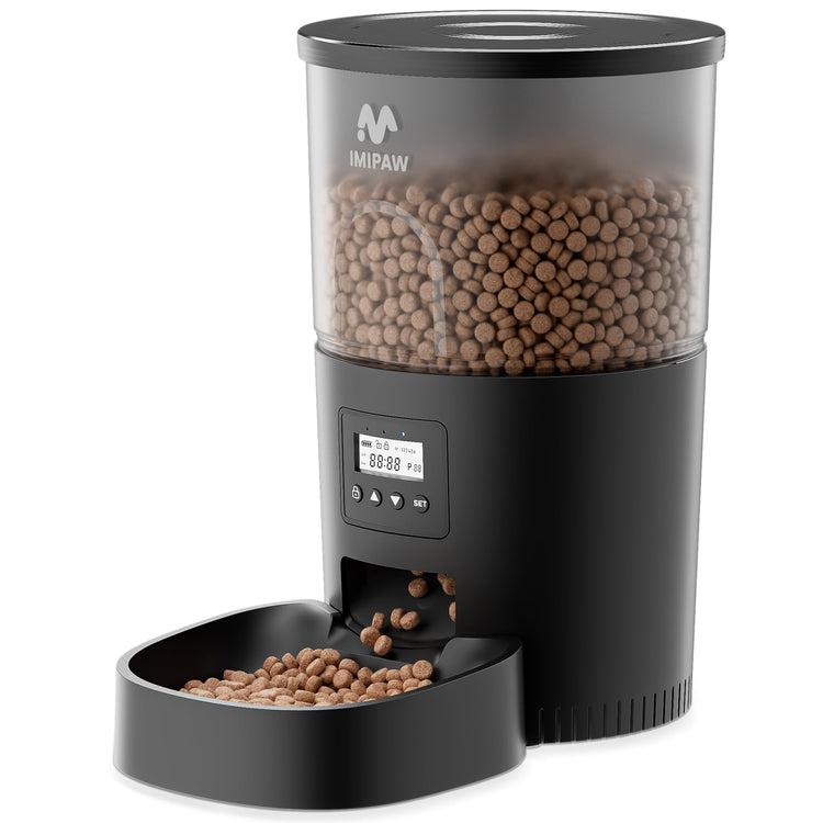 IMIPAW Automatic Cat Feeders, Timed Cat Dry Food Dispenser with Desiccant Bag, Dual Power Supply, Programmable Portion Size, 6 Meals, 20 Portions Per Day, Auto Pet Feeder for Cats and Small Dog, White