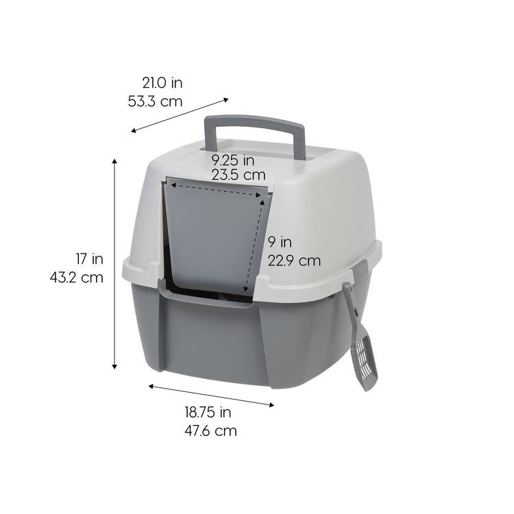 IRIS USA Cat Litter Box Large with Front Door Flap, Covered Enclosed Litter Box Enclosure with Scoop, Handle & Buckles for Portability & Privacy, Hidden Litter Pan, Navy