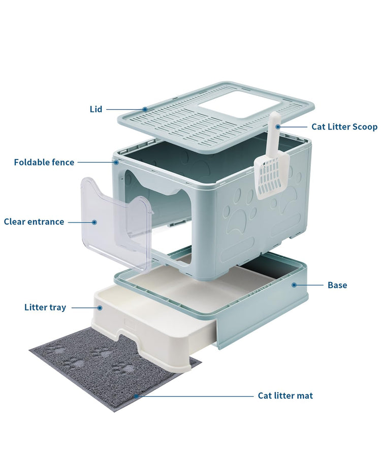 Medario Cat Litter Box with Litter Mat and Scoop, Large Covered Litter Box with Lid, Enclosed Kitty Box, Front Entry Top Exit, Odor Control, Easy to Clean (Grey)