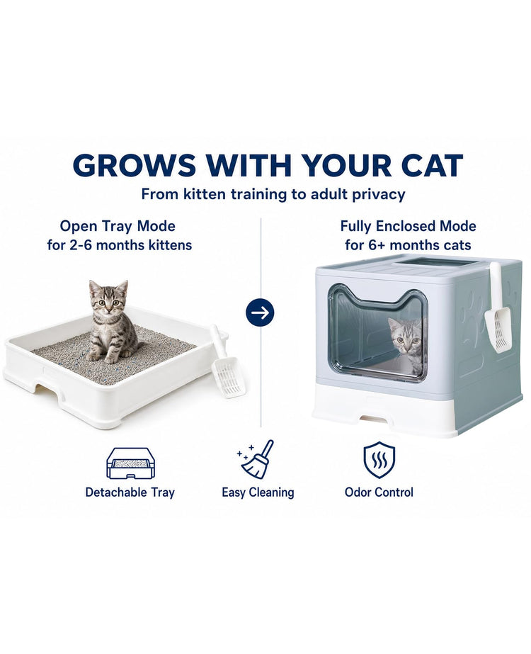 Medario Cat Litter Box with Litter Mat and Scoop, Large Covered Litter Box with Lid, Enclosed Kitty Box, Front Entry Top Exit, Odor Control, Easy to Clean (Grey)